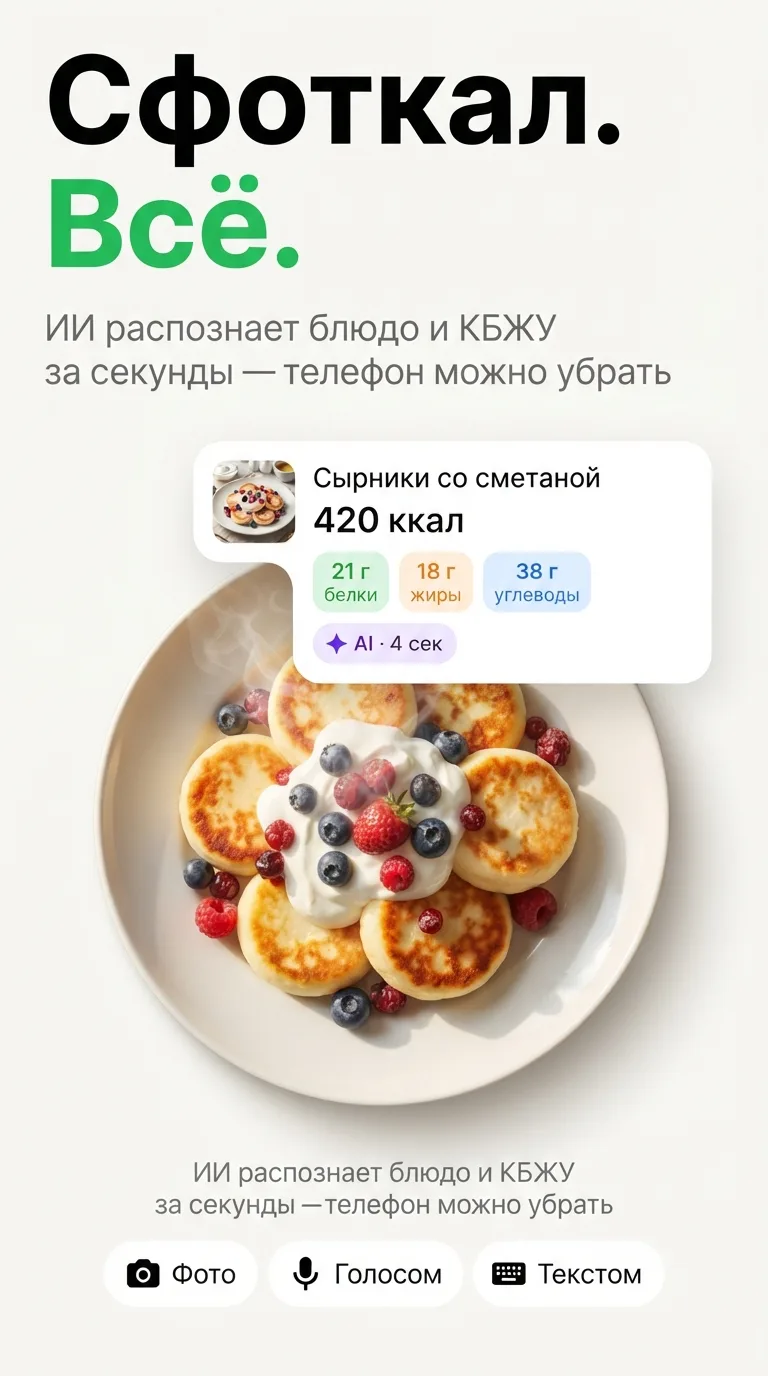 Распознавание еды по фото в kkali: сырники со сметаной — 420 ккал, 21 г белки, 18 г жиры, 38 г углеводы